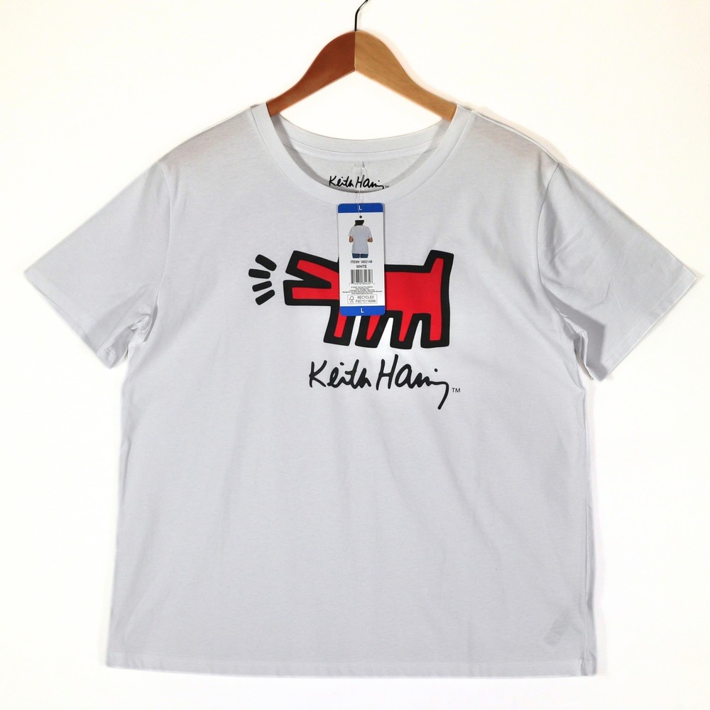 Keith Haring T-Shirt Women Large White Pop Art Barking Dog Graphic Casual Tee
